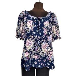 Ann Taylor Loft Floral Print Ruffle Top Blue sz M